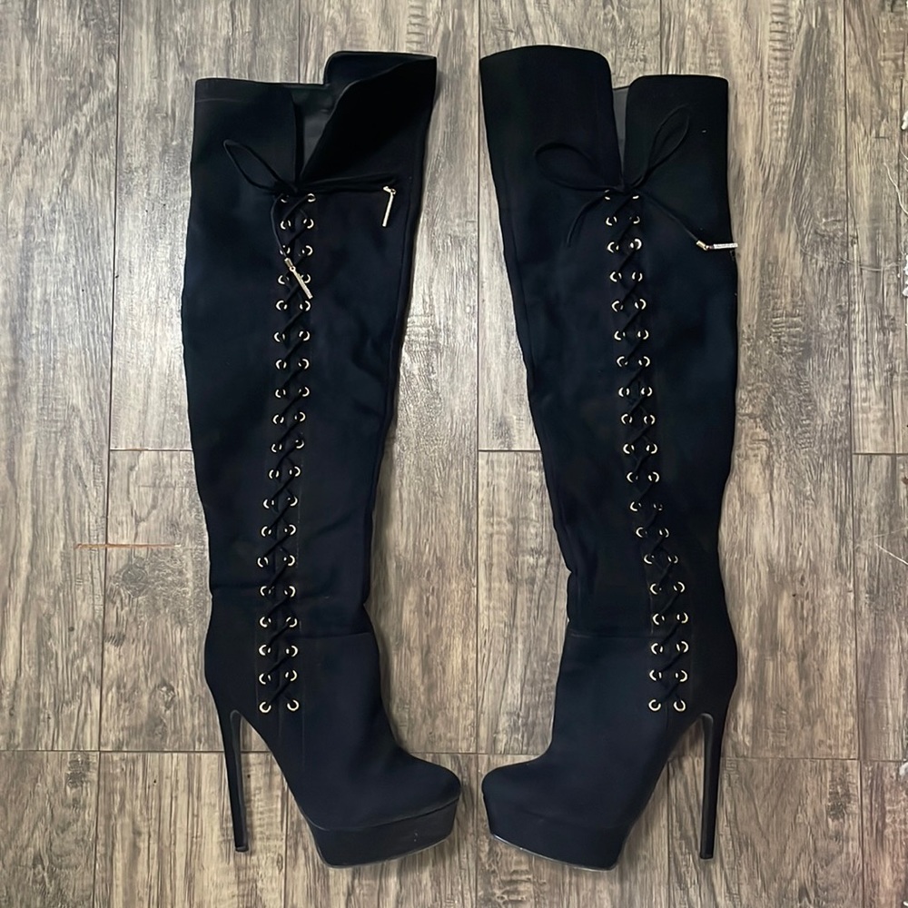 Shoedazzle Over the Knee High Heel Boots with Gold And Rhinestone Ties